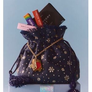 Free People Seasons Sparkle Mini Gift Sack Embroidered Pouch Bag Blue NWT NEW